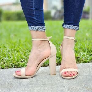Beige Suede Ankle Strap Block Heel Dress Sandals